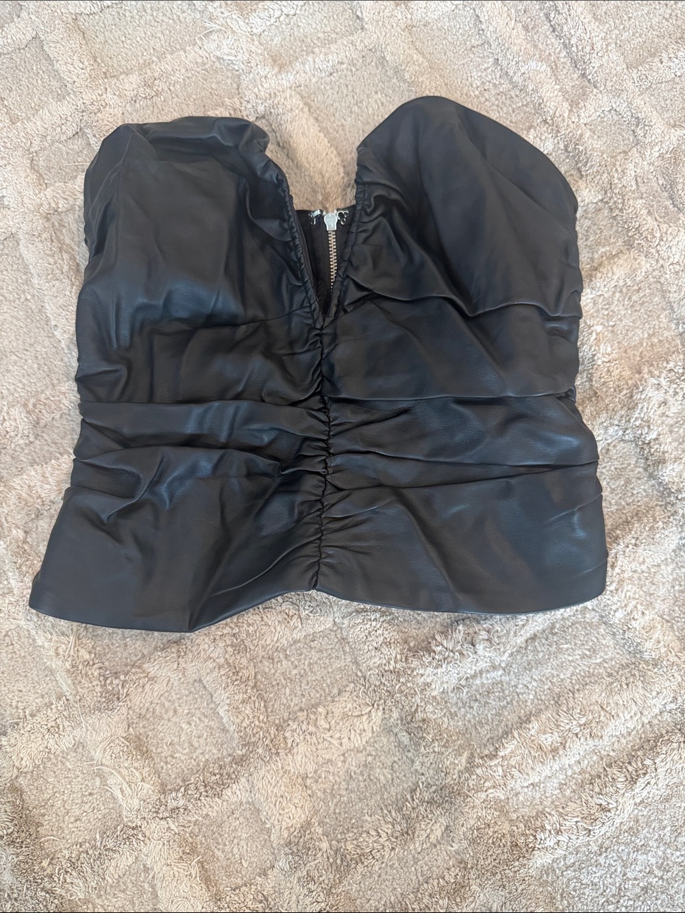 NBD Black Faux Leather Ruched Strapless Crop Top